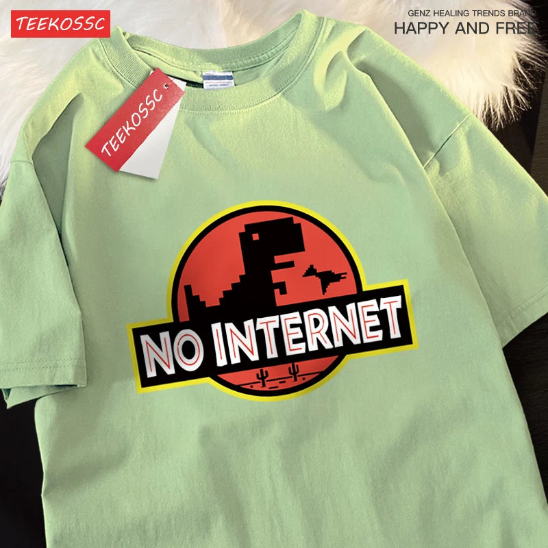 No Internet Fun Little Dinosaur Short Sleeve Mens Cartoons Cotton Tshirt Summer High Quality Clothing Fashion Oversize T-Shirts.