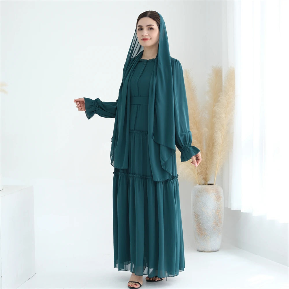 Ramadan Eid Chiffon Muslim Modest Khimar Abaya Set Dubai Turkey Islam Dress Abayas For Women Kebaya Kaftan Robe Femme Musulmane.
