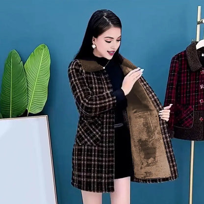 Frauen Plaid Mantel Karierten Winter Mutter Jacke Taschen drehen-unten Kragen einreiher Mid Länge Mantel Mid-aged frauen Mantel.