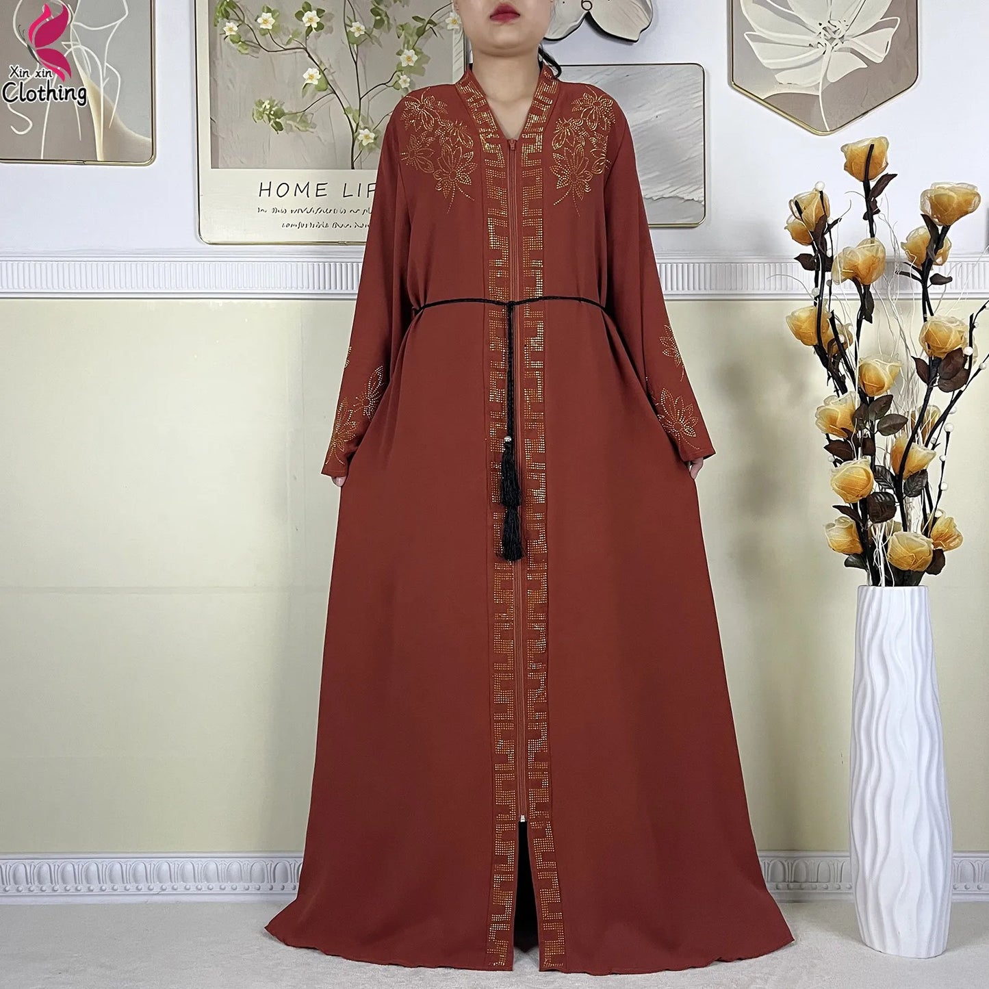 New Muslim Abayas For Women Long Sleeved Dress Dubai Lady Elegant Long Dress Islam Clothing African Abaya Loose Robe With Turban.
