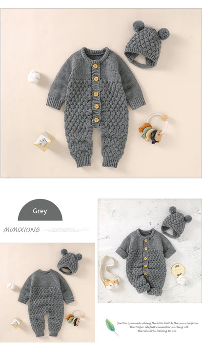Autumn Baby Rompers Solid Long Sleeve Knitted Newborn Boys Girls Winter Outwear Jumpsuits Hats Clothes Sets 0-18m Infant Outfits