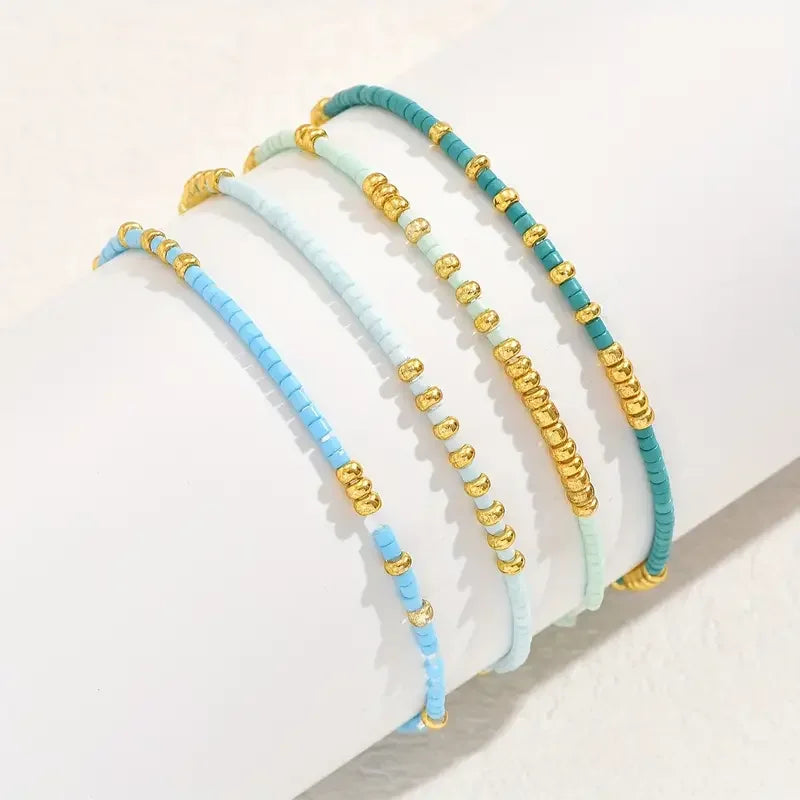 4 PCS Turquoise Color Seedbeads Stretch Bracelet Set Bohemia Gold Color Glassbeads Elastic Handmade Girls Vacation Jewelry.