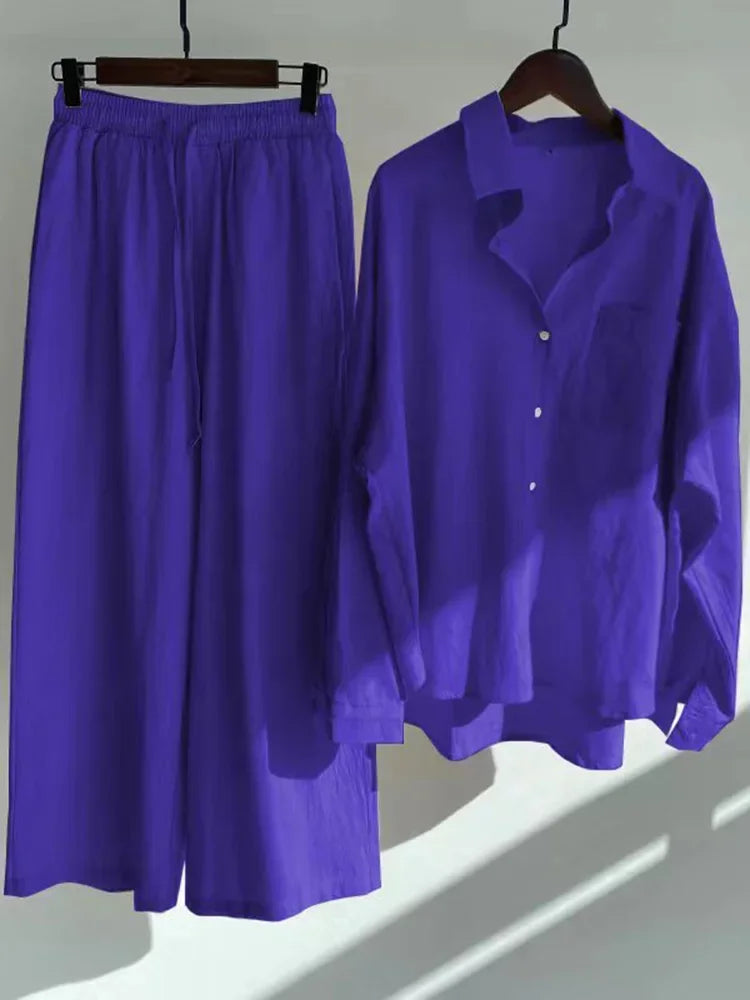 Pants Set Women Shirts Wide Leg Elastic Waist Cotton Linen Casual Sets Elegant Loose Long Sleeve Lapel Spring Shirt Y2k Suit