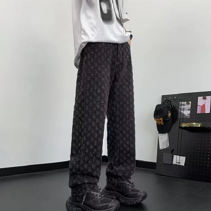 Jacquard All Over High Street Jeans Mens 2024 New Straight Lift Pattern Loose Wide Leg Jeans Casual Boyfriend Jeans Pants Tide.