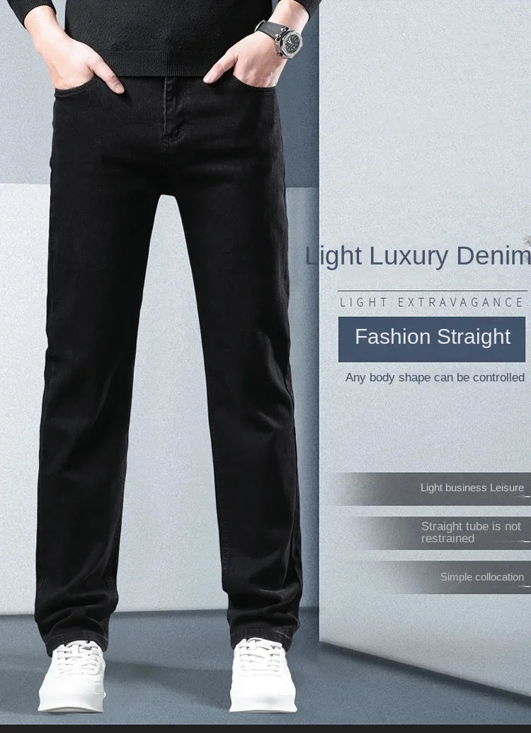 Spring Autumn New Men's Pure Black Slim Jeans Elastic Straight Pants Business Fashion Leisure Korean Vintage Denim Pants Male.