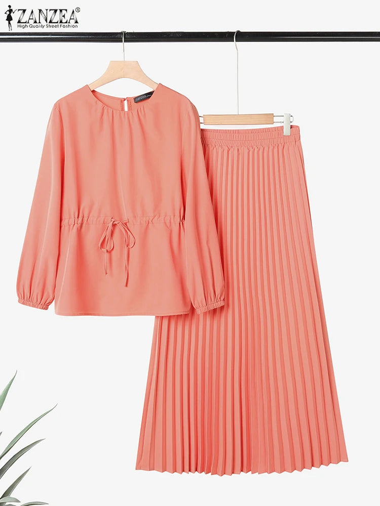 ZANZEA Elegant Women Autumn 2 Piece Sets Muslim Tracksuits Fashion Long Sleeve Tops Pleated Maxi Skirts Suit 2PCS Work Outfits.