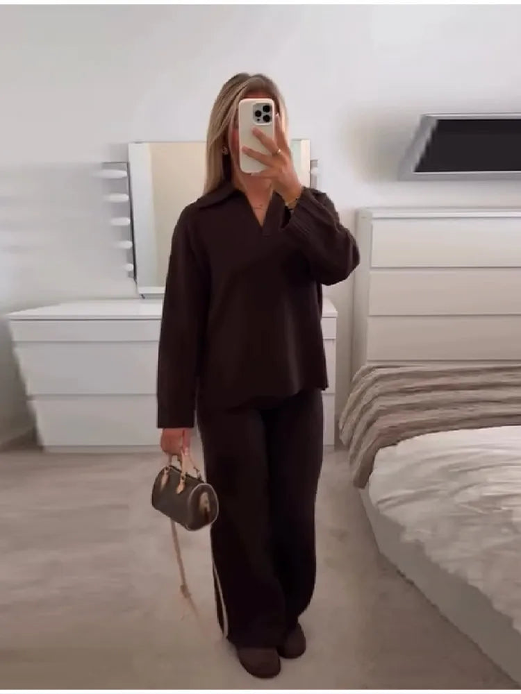 Casual Simple Loose Sweater Trousers Set Solid Color Retro Versatile Comfortable Streetwear Top Pants Commuting Women's Outfit.