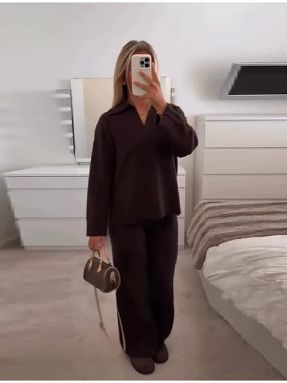 Casual Simple Loose Sweater Trousers Set Solid Color Retro Versatile Comfortable Streetwear Top Pants Commuting Women's Outfit.