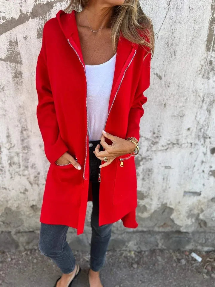 Herbst Winter Casual Zipper Mit Kapuze Jacke Frauen Langarm Strickjacke Mantel frauen Windjacke Beiläufige Gerade Jacken Rote Mäntel.