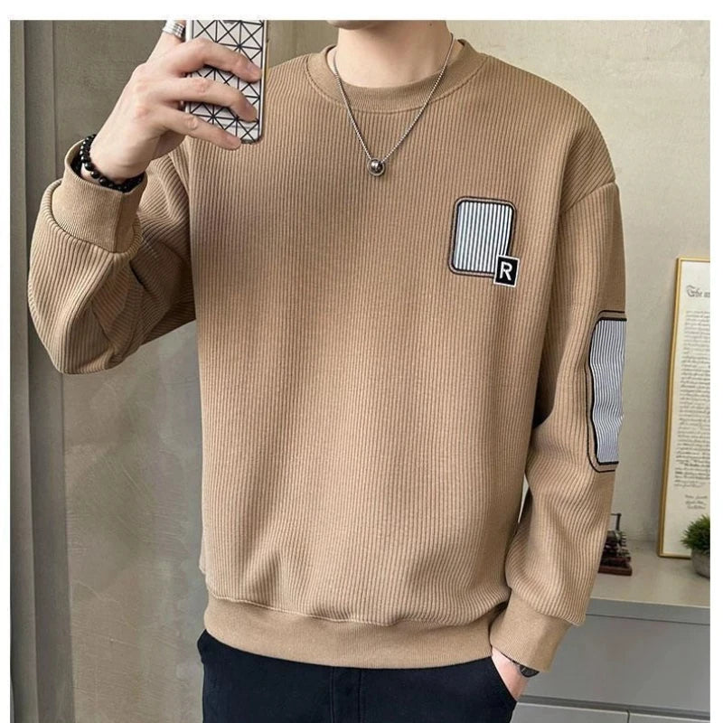 Trend Embroidery Street Casual Hoodies Sweatshirts Men's Long Sleeve Contrast Patchwork Fashion Tops Casual Vintage Men Clothing.