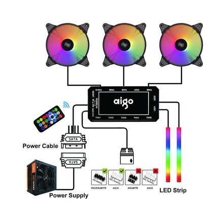 Aigo AR12 120mm PC Gamer Computer Case Fan RGB 12v Heatsink Aura Sync Cooler Argb Silent Controller Kit Fan Cooling Ventilador.