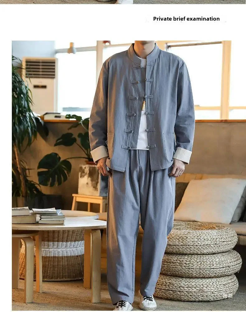 Traditional Chinese Men's Tang Suit Cotton Linen Ancient Costume Tea Servant Zen Meditation Clothing Middle Mountain Hanfu.