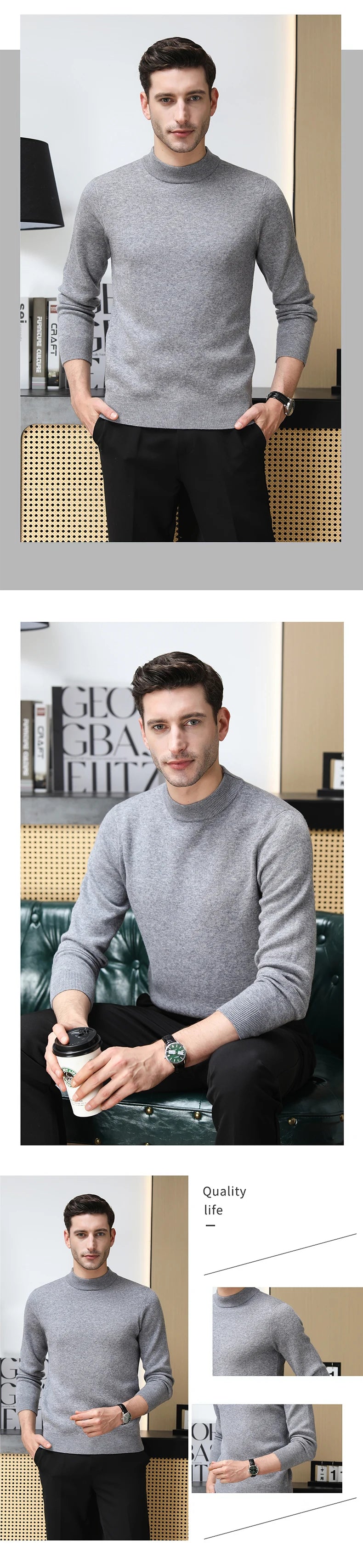 High End 100% Wool Thick New Autum Winter Fashion Brand Pullover Knit Half Turtleneck Business Sweater Casual Men Clothing.