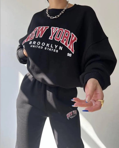 Warm Suit Autumn Winter Women Solid Set Elegant O-neck Pullover Hoodie And Pocket Trousers Two-Piece Set Lady Casual Loose Sets