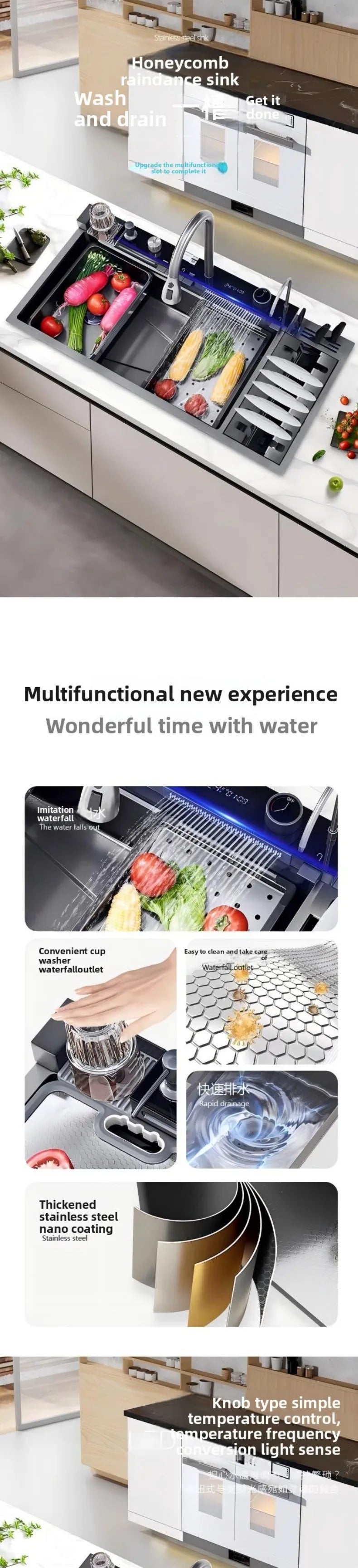 100cmx46cm Whale-Style Large Single-Bowl Kitchen Sink with Dish Rack Digital Faucet Integrated Dishwasher Multi-Functional
