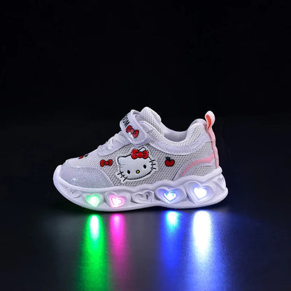 Kids'Casual Shoes Girls Led Light Cartoon PU Leather Fashion Sport Flat Bottom Shoes Breathable White Pink Size 21-30.