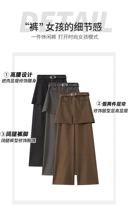 Design Style Fake Two-piece Curtain Suit Pants Women Fall High Waisted Wide Leg Trouser Office Ladies High Quality Straight Pant.