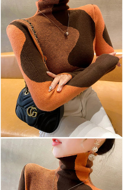 Women Clothing Vintage Fashion Slim Turtleneck Sweaters Autumn Winter Elegant Chic Patchwork Knit Pullovers Office Lady Tops.