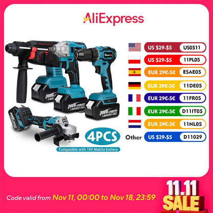 Drillpro Elektrowerkzeug-Set, 800 N.M, elektrischer Schraubenschlüssel, Bohrhammer, 13 mm Bohrmaschine, 125 mm Winkelschleifer für Mak 18 V