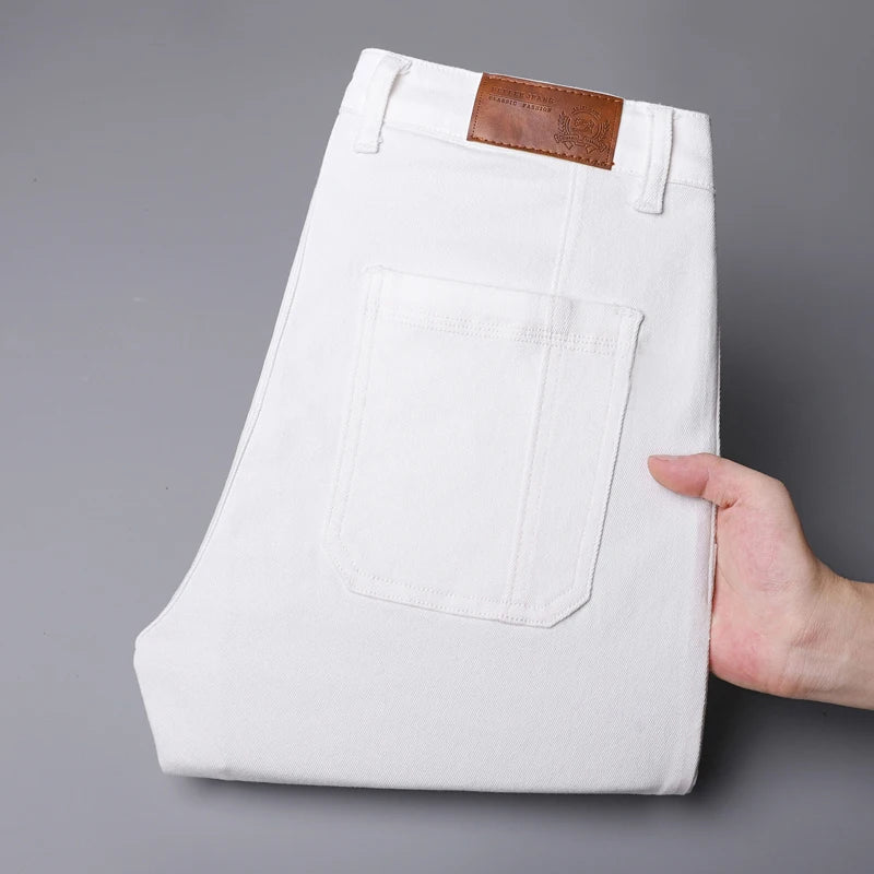 Spring and Autumn Men's Multi-Pocket Design Jeans Fashionable and Versatile White Khaki Red Comfortable Stretch Denim Pants