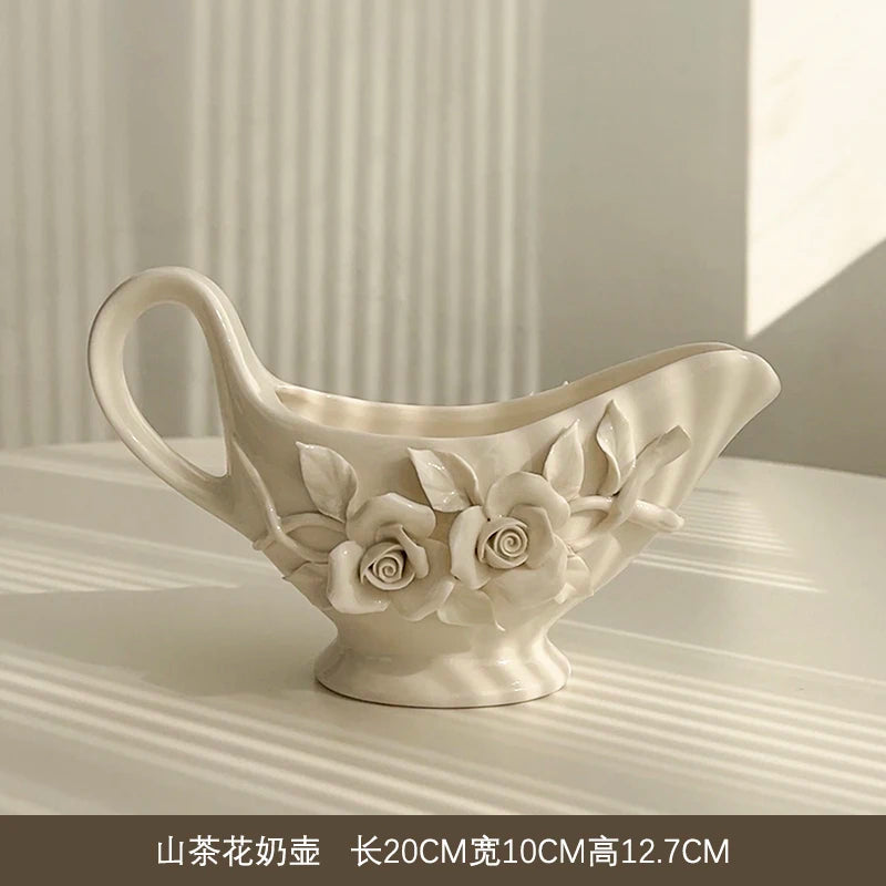 Vintage relief ceramic coffee set, hand-squeezed camellia afternoon tea set, tissue box, creative gift..