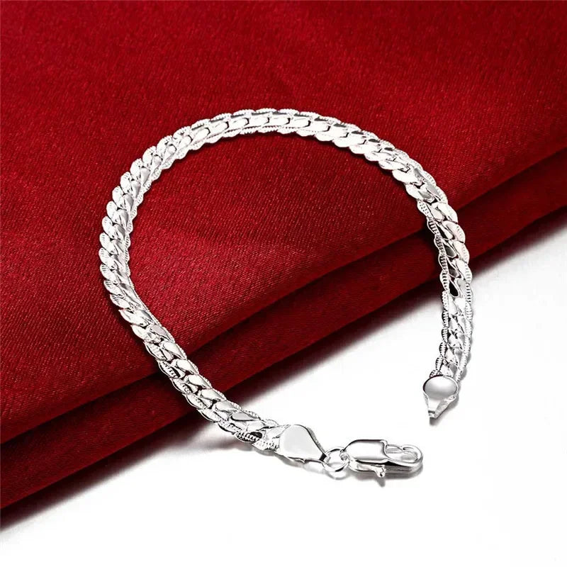 925 Sterling Silver 2 Piece Full Side Chain Necklace Bracelet Women Men Fashion Jewelry Set Wedding Gift.