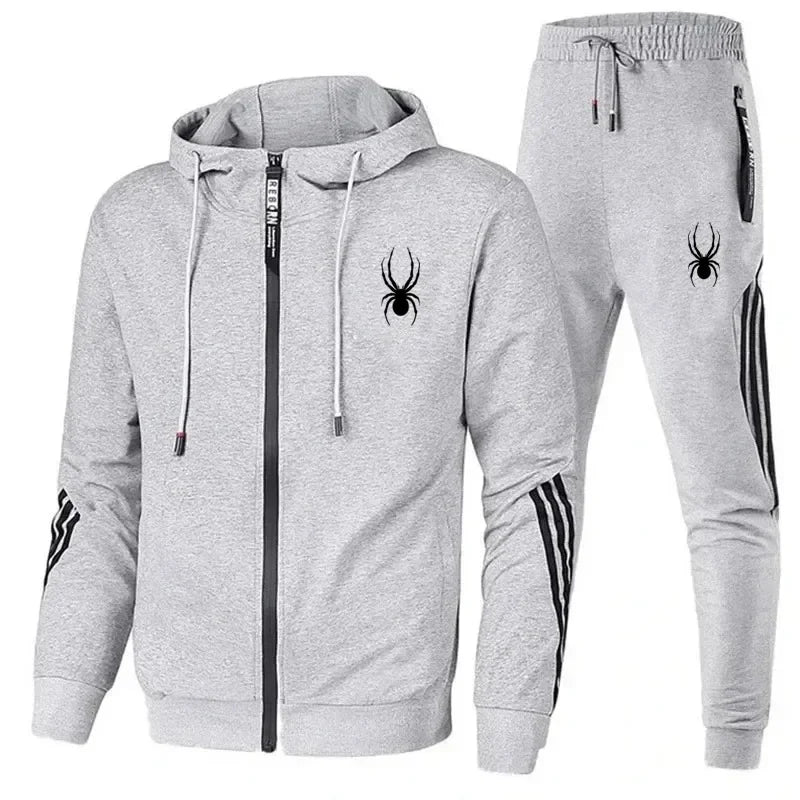 New spring and autumn men's casual sports set, outdoor jogging fashionable men's zipper jacket + skinny pants two-piece set.