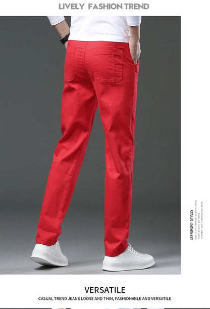 Spring and Autumn Men's Multi-Pocket Design Jeans Fashionable and Versatile White Khaki Red Comfortable Stretch Denim Pants.
