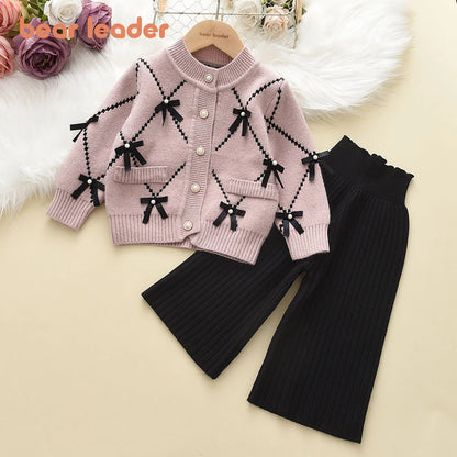 Bear Leader Bow Baby Sweatshirt + Pants 2pcs Set New Children Knitting Outfit for 2-6Years Kids Tracksuit Winter Girls Clothes.