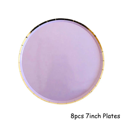 Purple Gold Party Paper Cup Plate Straw For Birthday Carnival Kids Favors Wedding Decor Disposable Tableware Party Supplies.