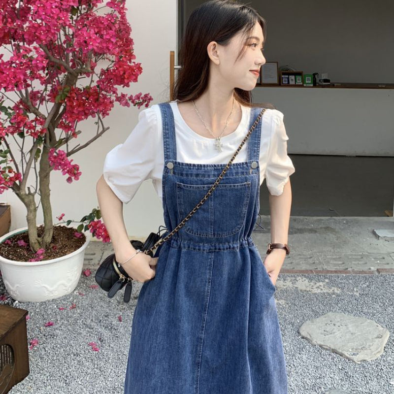 2025 Fashion Women Denim Suspender Skirt Spring Summer Causal Strap Female High Waist A-line Solid Lace-up Woman Skirt.