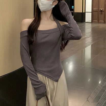 Female One Shoulder Long Sleeve Slim Fit Solid Color Top Suitable for Club Vacation Holiday and Daily Wear Across Seasons.