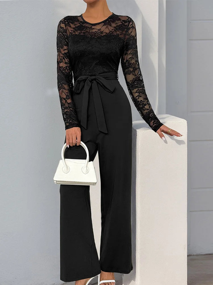 Drauuing Sexy Lace Patchwork Hollow Out Jumpsuits Casual Women Round Neck Black Rompers Lady Solid Office Slim Pants With Sashes.