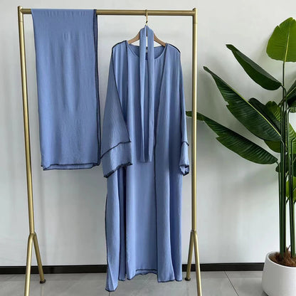 Three Piece Abaya Set With Hijab Free Belt Jazz Crepe Kimono Sleeveless Under Dress EID Ramadan Muslim Women Islamic Clothing.