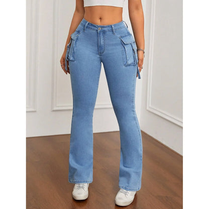 High Waist Bell Bottom Jeans Women's Slim Fit Workwear Denim Pants High Elasticity Cross-Border Long Trousers.