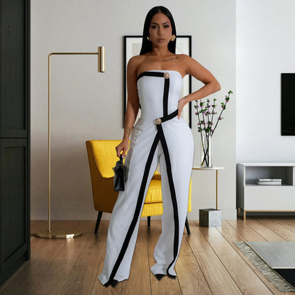 Elegant Sleeveless Wrap Chest Women's Button Strapless Irregular Jumpsuits 2025 One PieceWide Leg Outfits Night Club Streetwear