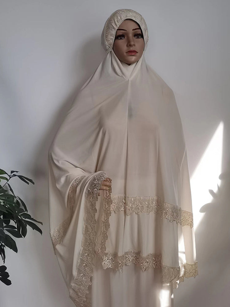 Ramadan  Long Khimar Muslim Abaya Women Prayer Garment Saudi Prayer Dress Lace Trim Silky 2 Piece Skirt Sets Eid Niqab jilbab.