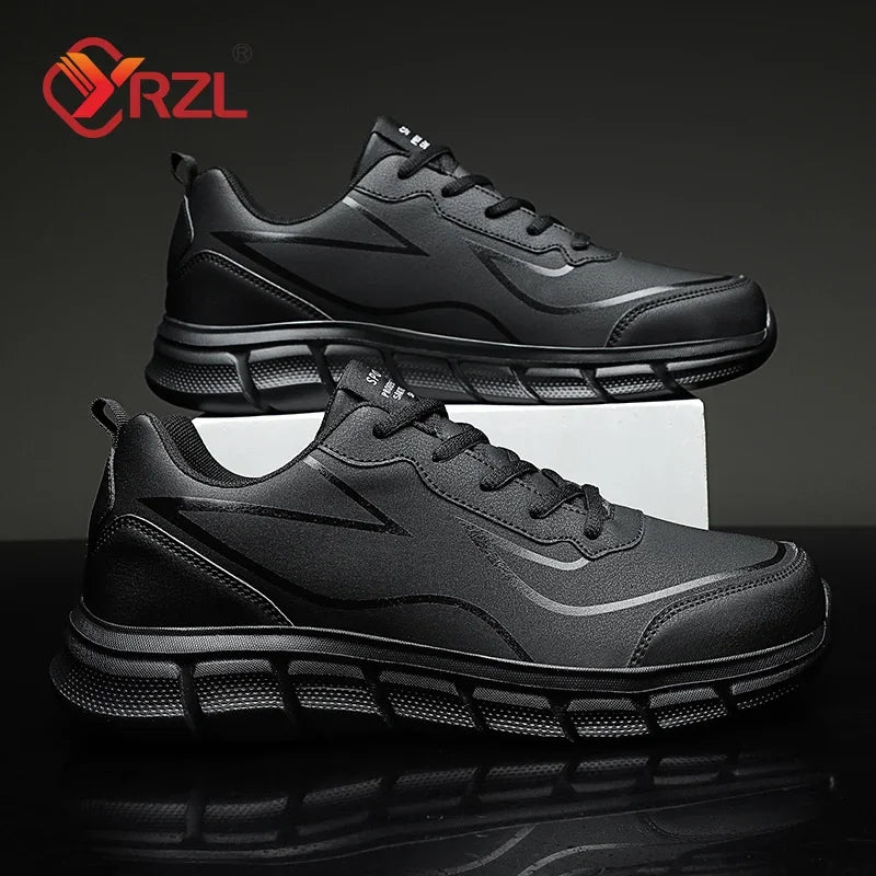 YRZL Black Running Shoes Leather Waterproof Athletic Sneakers Men Wear-resistant Men Walking Sport Shoes Comfortable Men Shoes.