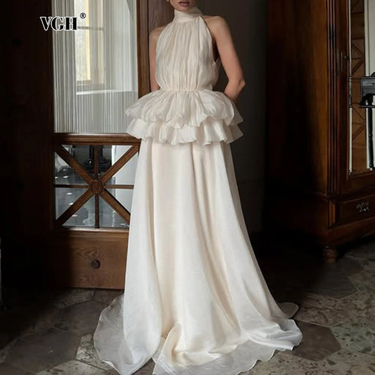 VGH Solide Abend Gespleißt Rüschen Maxi Kleider für Frauen High Neck Ärmellose Tunika Temperament Zeremonie Kleid Weibliche Kleidung.