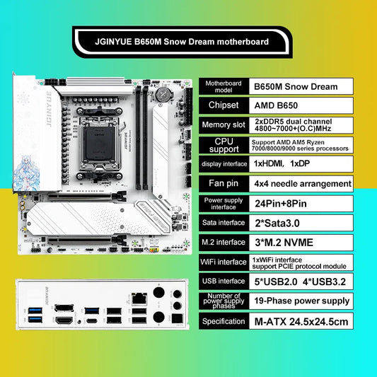 JGINYUE B650M Snow Dream AM5 DDR5 ARGB M-ATX Motherboard For Gaming PCIe 4.0×4 M.2 For CPU 9700X/9900X/7800X3D gaming pc DIY.