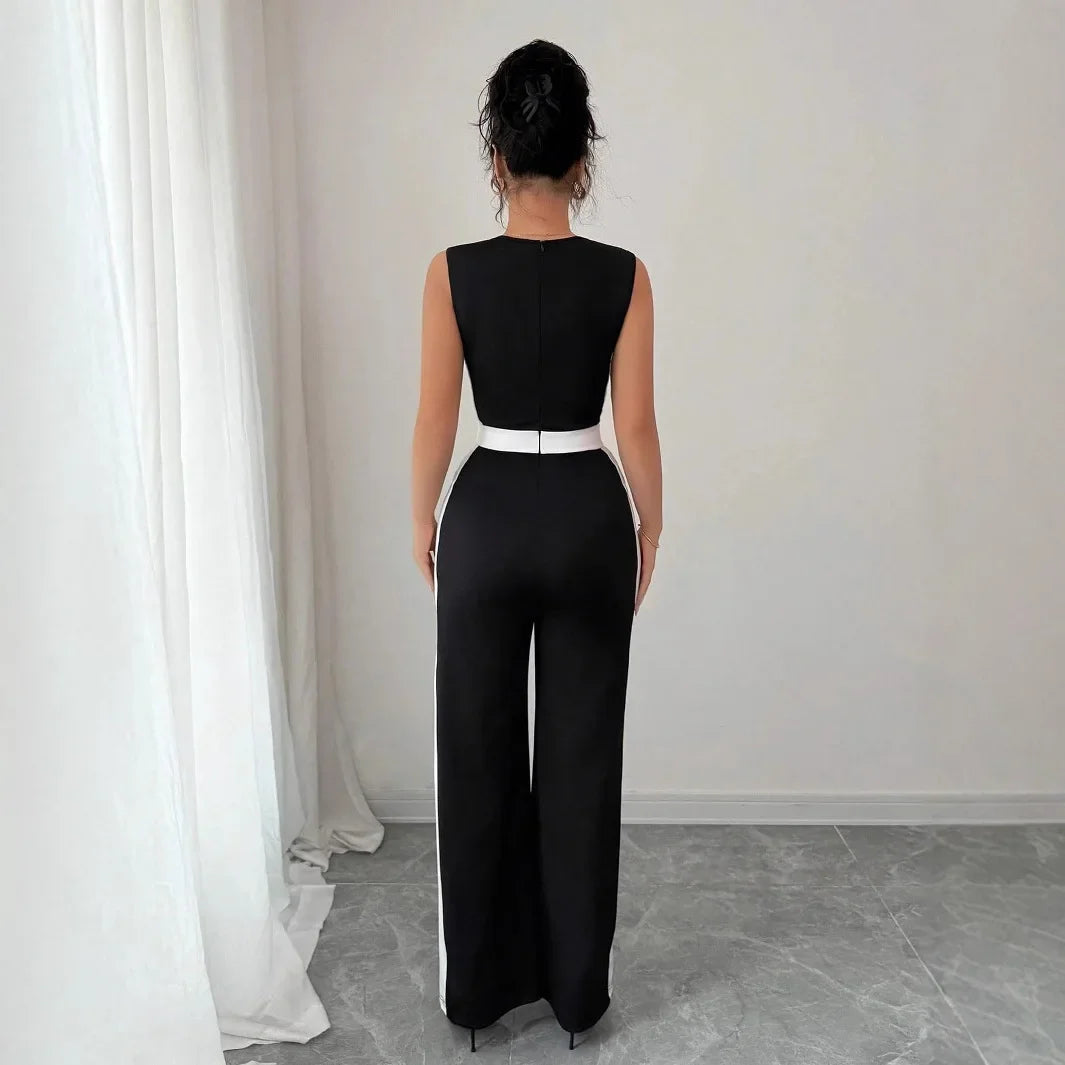 Elegant Color Block Wide Leg Jumpsuit Sleeveless Women's Spring Summer Vacation Style Cross-Border Fashion Ladies' Outfit.