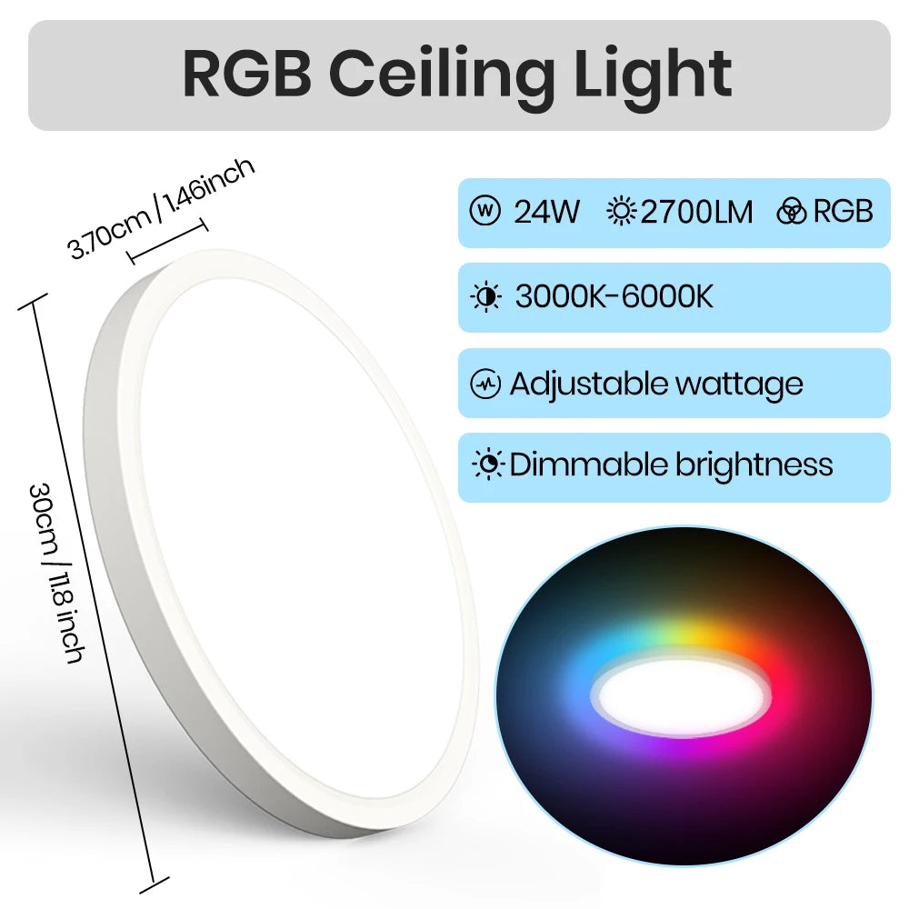 220V LED Deckenleuchte dimmbar mit Fernbedienung 24W 2700LM RGB 3000K-6500K runde Deckenleuchte für Wohnzimmer Schlafzimmer.