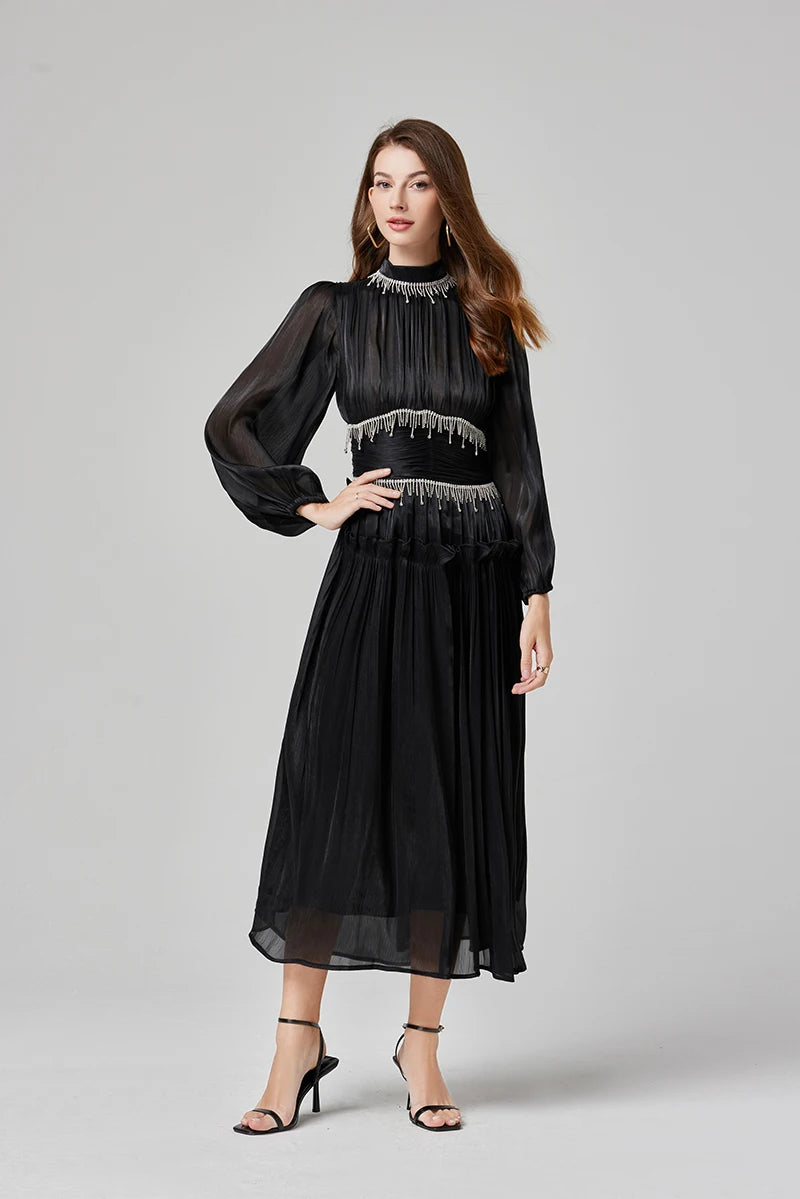 Französisch Luxus Kristall Perlen Quaste Glanz Roben Urlaub Frauen stehen Laterne Ärmel Rüschen plissiert formale Gelegenheit Ballkleid 622