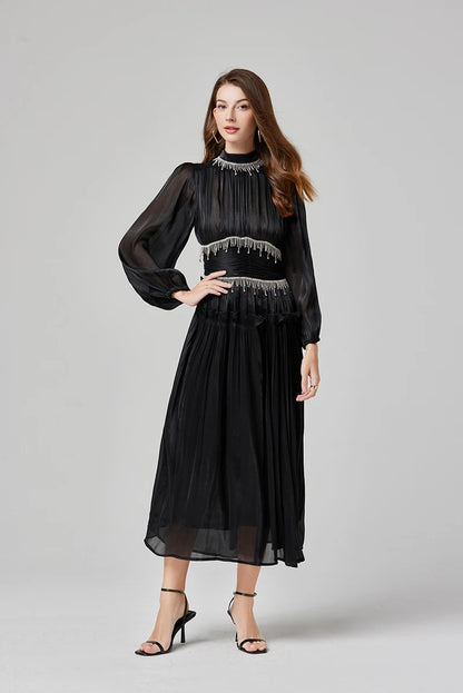 Französisch Luxus Kristall Perlen Quaste Glanz Roben Urlaub Frauen stehen Laterne Ärmel Rüschen plissiert formale Gelegenheit Ballkleid 622