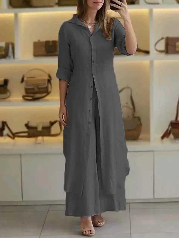 Spring Autumn Cotton Linen Loose 2 Piece Sets Casual Button Long Sleeved Women Outfit Elegant High Waist Wide Leg Pants Set Suit.