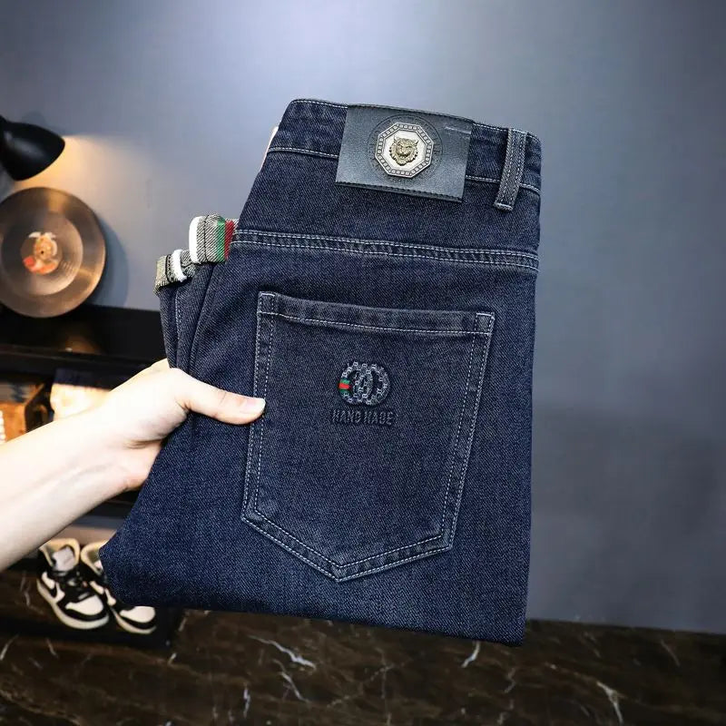 Zerrissene, reguläre, schmale Passform, gerade Jeans, bequem, lässig, Herbstmode, Denim-Hose, klassische, dünne Vintage-Unisex-Herren-Stretchhose