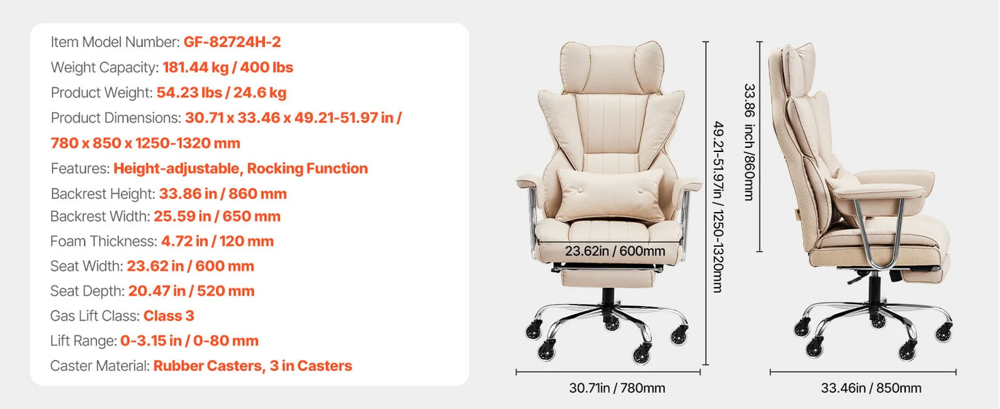 VEVOR Chefsessel Bürostuhl Drehstuhl mit hoher Rückenlehne & Fußstütze & Lendenkissen, ergonomischer Schreibtischstuhl mit 135° Neigung und einstellbarer Höhe, für Arbeit Arbeitszimmer Spielen