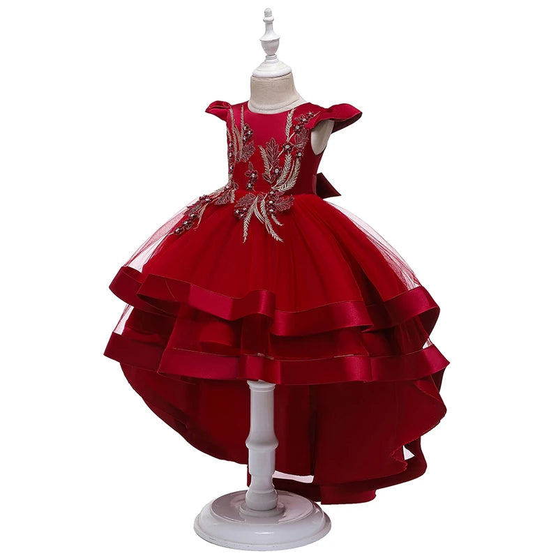 5018 rotes Mädchen-Prinzessinnenkleid mit bestickten Perlen für 3 bis 12 Jahre Mädchen-Schwanz-Partykleid für Kinder, Schulperformance-Kostüme.