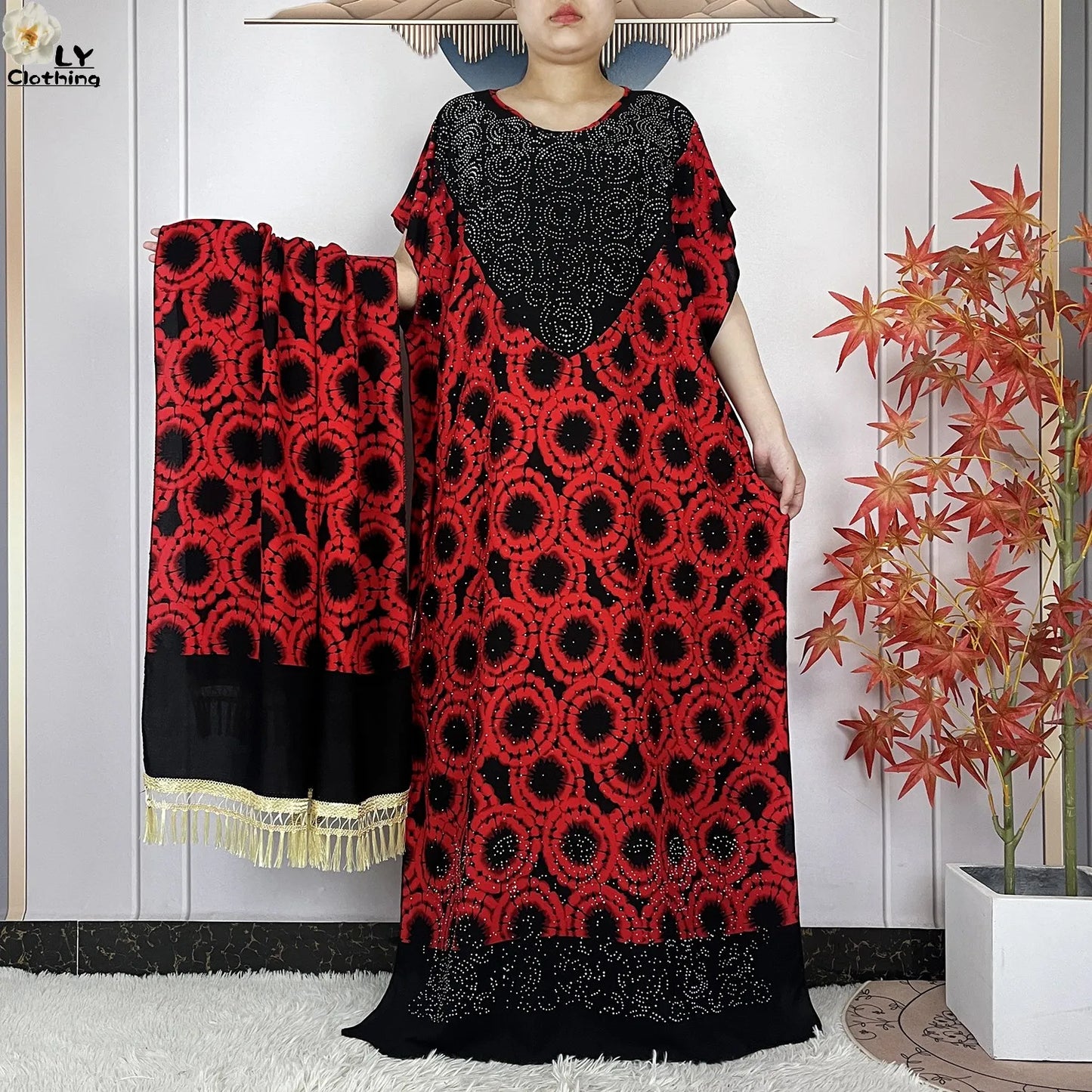 2024 New Muslim Women Dashiki Printed Dress Flower Diamonds Loose Dress With Big Scarf Islamic African Women Short Sleeve Abaya