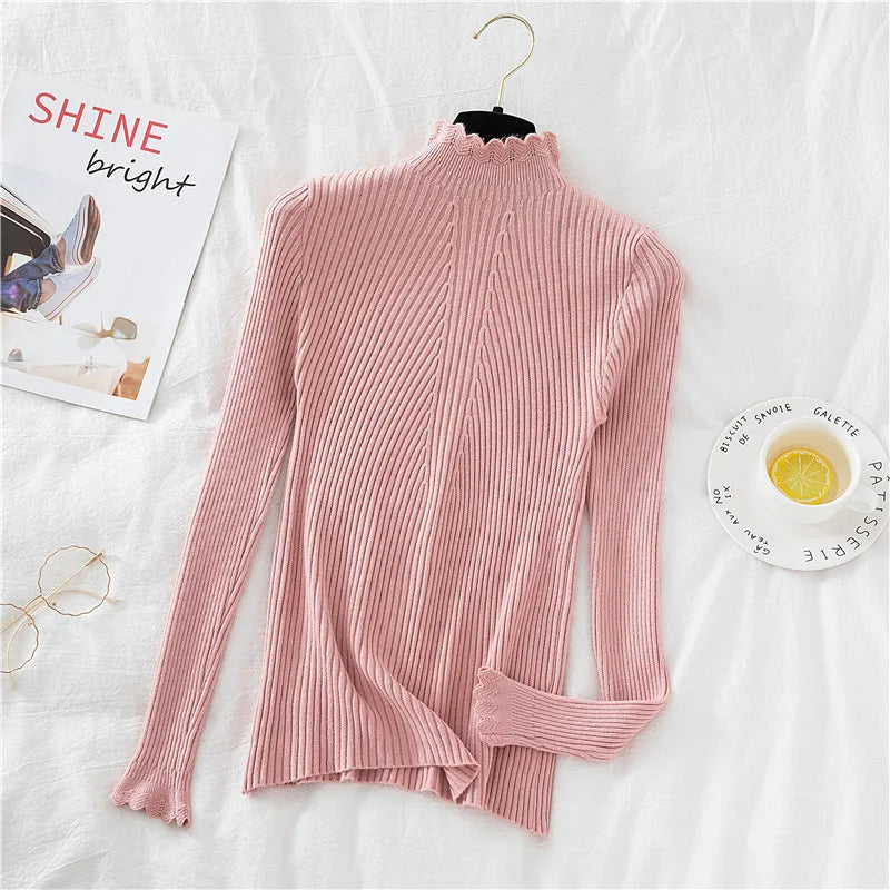 2026 weibliche Dünne Koreanische Strickwaren Tops Herbst Winter Pullover Frauen Hohl-out Pullover Langarm Rollkragenpullover.